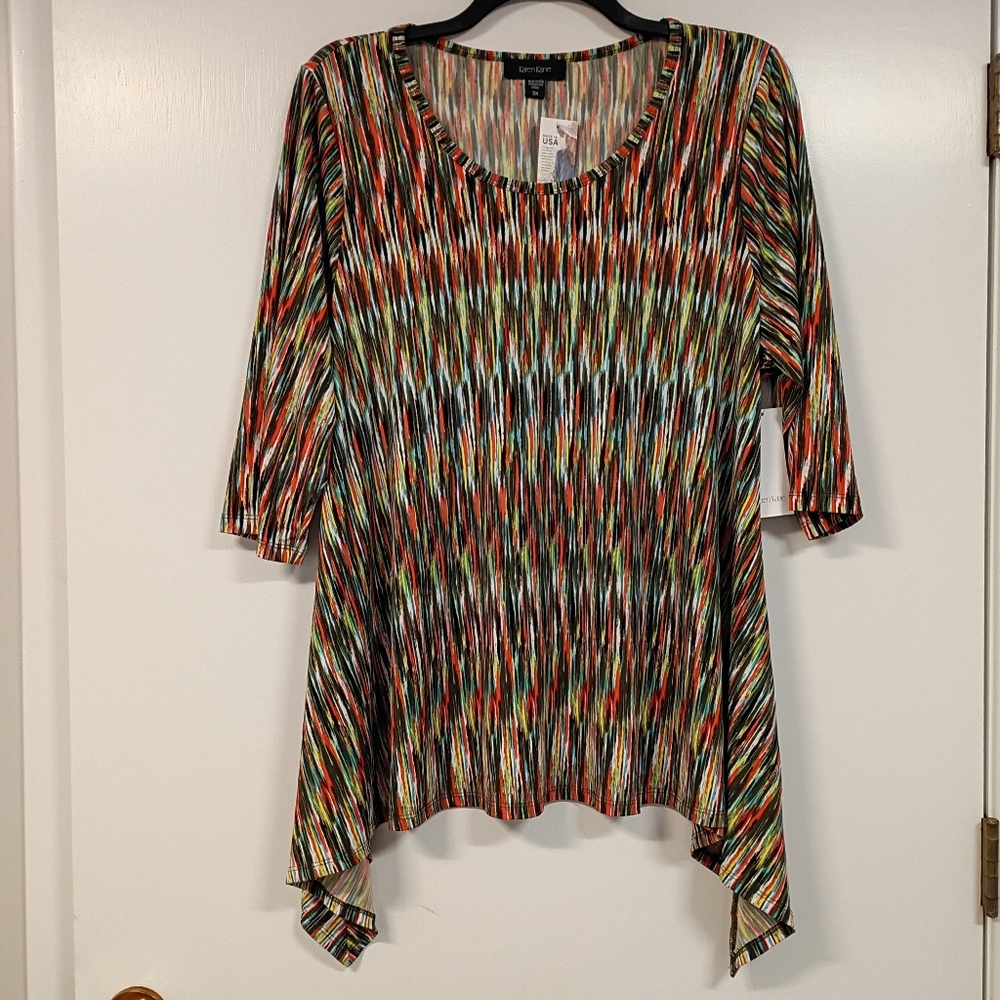 Karen Kane Multicolor 3X Tunic Top 3/4 Sleeve Sharkbite Flare Hem Stretch